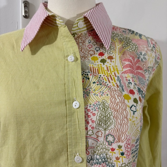 FlatIron Workshop Button-Up Top Sz 3 Long Sleeve Green Pink Trees Stripe Preppy - Picture 2 of 14